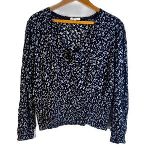 Maurices Blue Floral Vneck Tie‎ Neck Smocked Waist Peasant Blouse Size XL